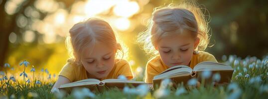 Children enjoy reading books in a sunlit meadow during a warm summer afternoon photo
