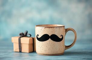Unique coffee mug with a mustache design beside a small gift box on a textured background photo