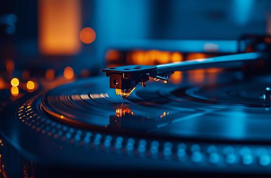 Vinyl record player with spinning record under warm ambient light photo