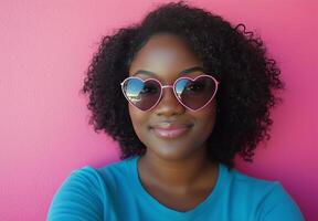 Woman with heart-shaped sunglasses poses against a vibrant pink wall at a casual outdoor location photo