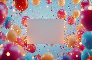Festive celebration with colorful balloons and confetti in a cheerful setting photo
