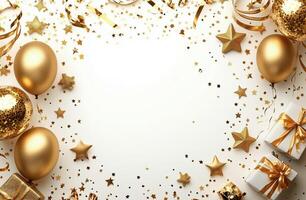 Gold themed decorations for a festive celebration with balloons and gifts on a light background photo