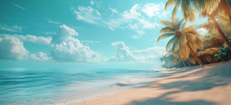 Serene beach landscape with palm trees under a bright sky and calm waves photo