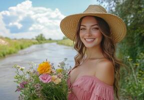 Young woman holding flowers by a river on a sunny day with clouds in the sky photo