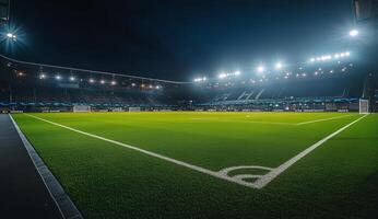 Brightly lit soccer stadium ready for night match with pristine green turf and empty stands photo