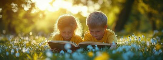 Children reading books in a sunlit meadow filled with flowers during a warm afternoon photo