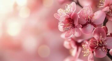 Beautiful pink cherry blossoms in bloom during springtime with soft sunlight filtering through photo
