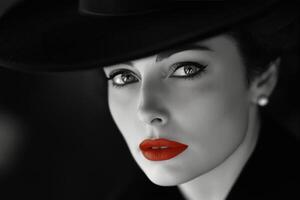 Elegant woman with striking red lips and hat in monochrome setting photo