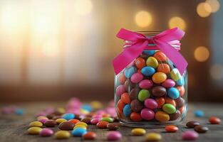Colorful candy jar decorated with a bow on a wooden table with blurred lights in the background photo
