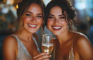 Friends celebrate with champagne at a festive gathering in an elegant venue during the evening photo