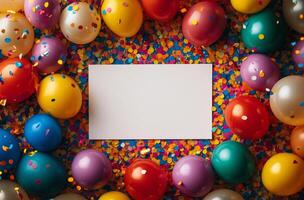 Colorful celebration setting with bright eggs and confetti surrounding a blank card photo