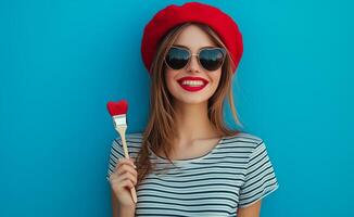Smiling woman in a red beret holding a heart-shaped paint brush against a blue wall photo