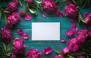 Bright peonies surround blank card on teal wooden table in floral arrangement photo