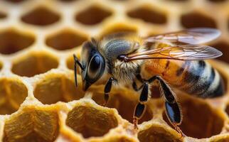 Close-up of a honeybee working on a honeycomb in a beehive during a sunny afternoon photo