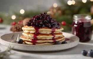 Pancakes topped with blueberry sauce served on a rustic table during holiday season photo
