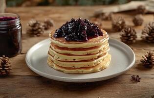 Delicious stack of pancakes topped with berry jam on a rustic wooden table photo