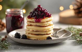 Delicious stack of pancakes topped with berry compote in festive setting photo