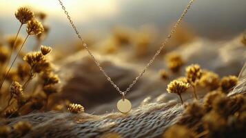 Minimalist gold necklace displayed on polished marble surface indoors photo