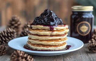 Delicious pancakes stacked high with berry jam on a wooden table ready for breakfast photo