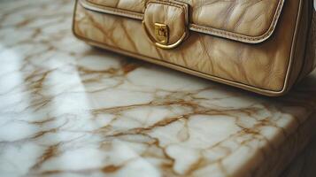 Stylish brown leather handbag resting on a marble surface in a well-lit indoor setting photo