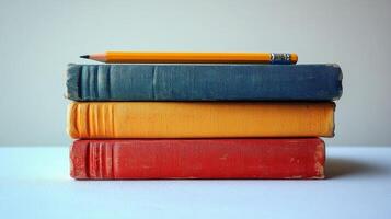 A stack of books with a pencil on top photo