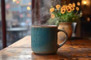 Warm cup of coffee with steam on a rustic wooden table in a cozy cafe atmosphere photo