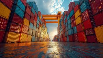Sunset view through shipping containers at a bustling freight yard during dusk photo
