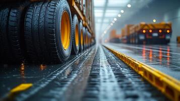 Heavy-duty truck tires lined up in a rainy industrial area during early morning hours photo