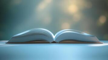 Open book resting on wooden table with blank pages waiting for inspiration or ideas photo