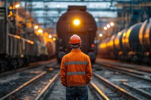 Worker in safety gear observes approaching train at rail yard during overcast midday photo