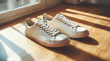 Stylish white sneakers on wooden floor with natural sunlight illuminating the scene photo