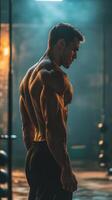Bodybuilder performs bicep curl exercise in modern gym setting during afternoon workout session photo