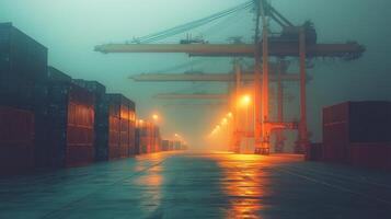 Misty harbor environment with illuminated cranes and shipping containers at night photo