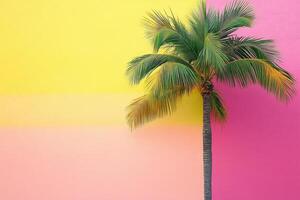 Vibrant palm tree against colorful pink and yellow wall in urban setting photo