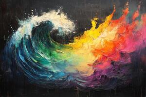 Vibrant abstract painting with colorful brush strokes and texture on a dark background photo