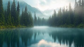 Misty morning reflections on a tranquil lake surrounded by dense forested mountains photo