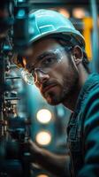 A man in a hard hat and glasses working on a machine photo