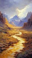 Beautiful river winding through sandy landscape under a dramatic sky with vibrant clouds photo