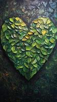 Heart shape created from vibrant green leaves on an abstract textured background photo