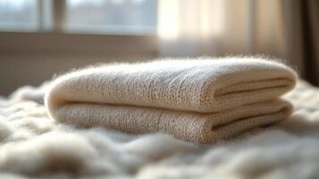 Soft cream blankets neatly folded on a bed illuminated by warm sunlight in a cozy room photo