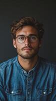 Young man with glasses wearing denim shirt, showcasing a serious expression in studio setting photo