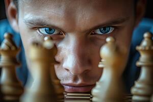 Intense chess match between player and pieces focused on strategy and concentration photo