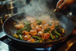 Cooking chicken stir fry with vegetables and flames in a kitchen photo