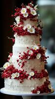 A wedding cake with red berries and white flowers photo