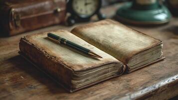 Open blank notebook on wooden desk near window with vintage pen and clock photo