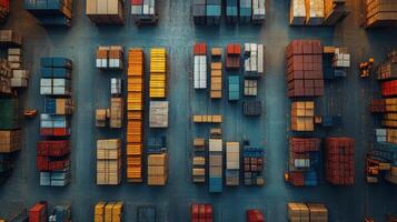 Busy warehouse activity with stacks of pallets and workers organizing shipments in the evening photo