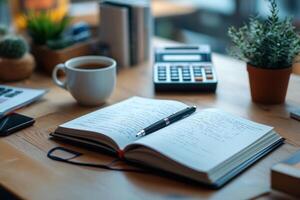 Workspace layout with documents, calculator, and mug in natural light during the day photo