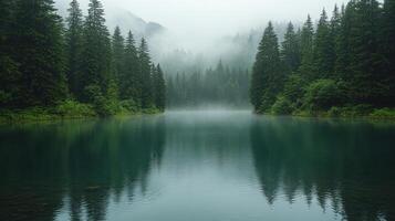 Misty morning reflections on a tranquil lake surrounded by dense forested mountains. photo