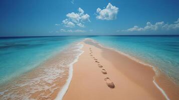 Footprints in the sand on a beach with blue water photo