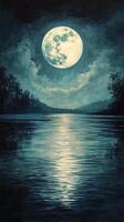 A painting of a full moon over a lake photo